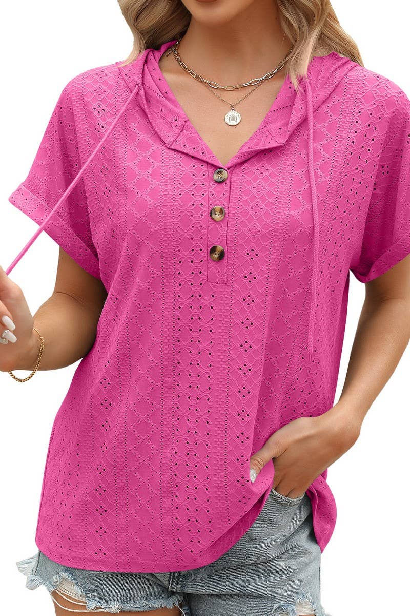 CWTTS1086_SOLID COLOR BUTTONED HOODED DRAWSTRING T-SHIRT