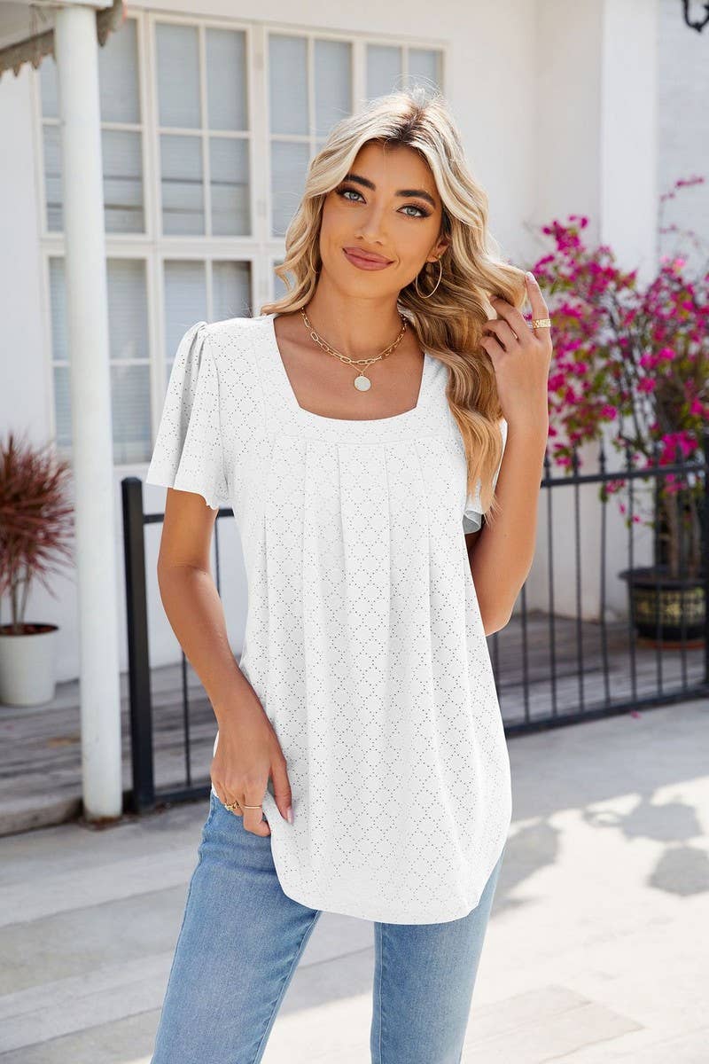 CWTTS0813_Squre Neck Short Ruffle Sleeve Knit Top