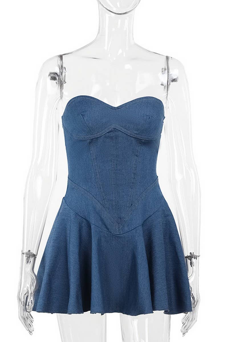 CWDTD0389_STRAPLESS FAUX DENIM HIP-HUGGING DRESS