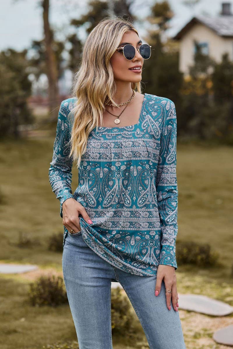 CWTBLL1043_SQUARE NECK PRINTED LONG SLEEVE CASUAL TOP