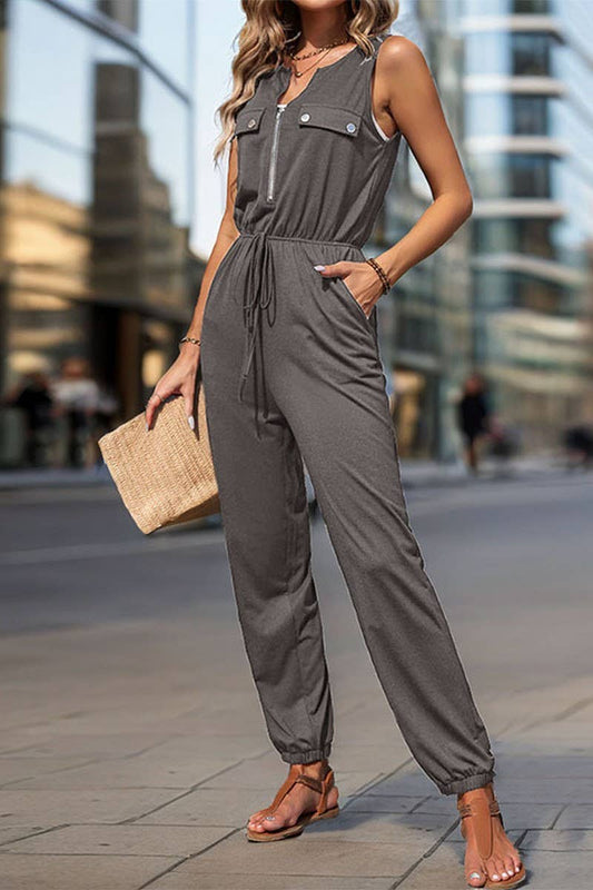 CWSJS1676_BLACK SLEEVELESS ZIPPER CREW NECK JUMPSUIT