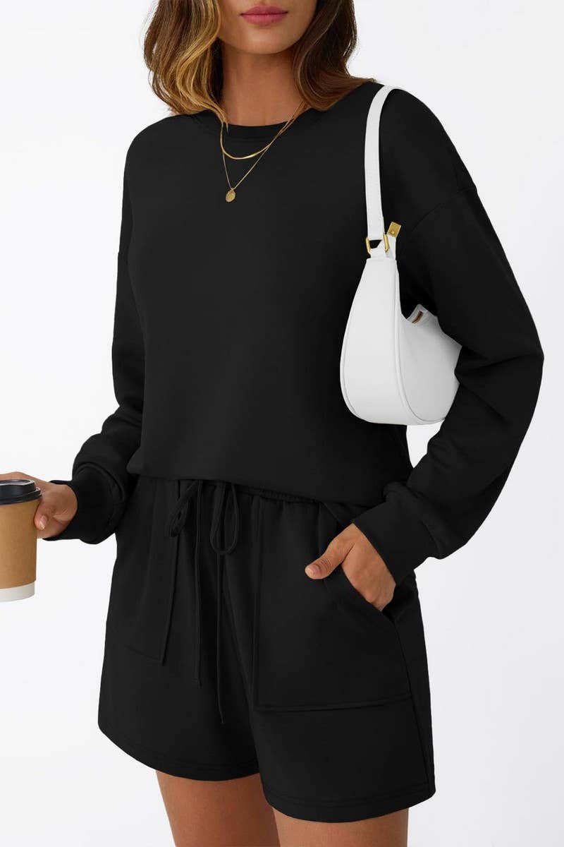 CWSTB00405_CREW NECK LONG SLEEVE SHORTS TWO-PIECE HOODIE SET