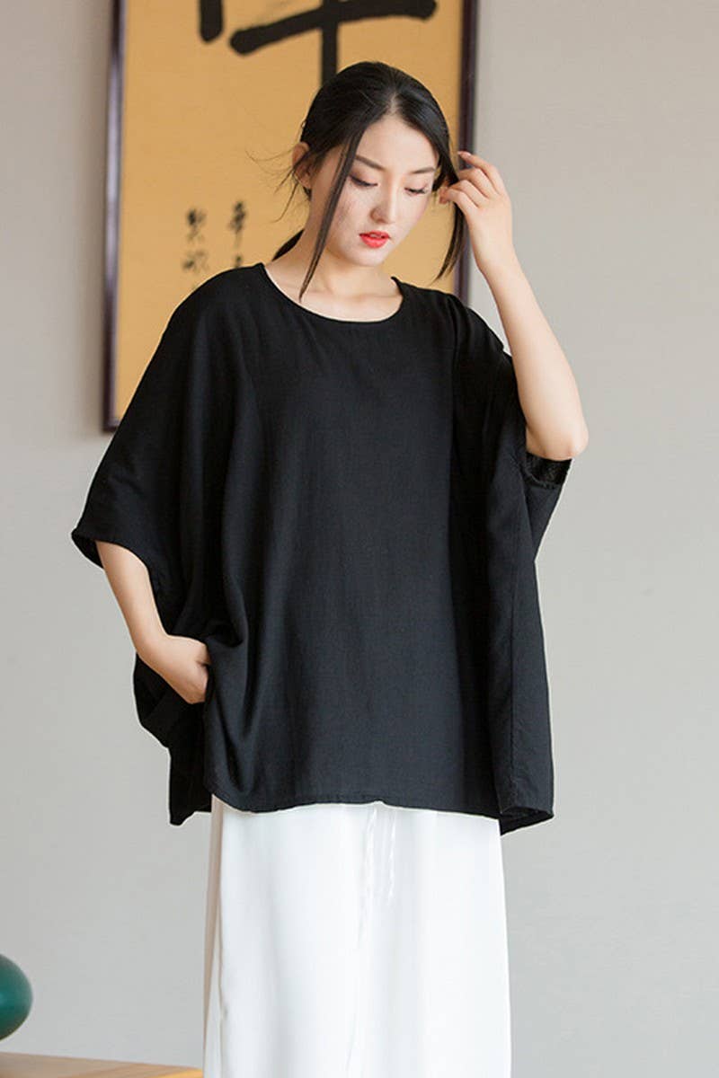 CWTBLS1454_LINEN BATWING SLEEVE SUN PROTECTION TOP