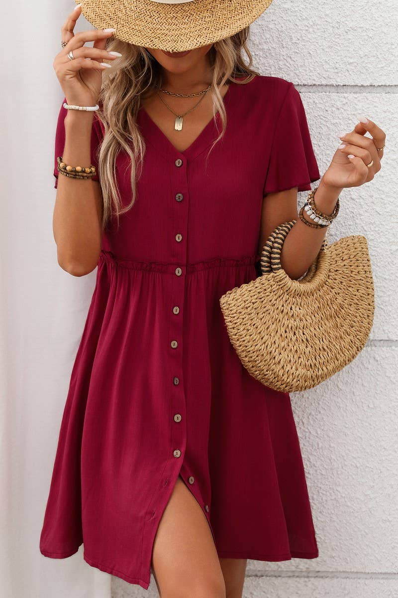 CWDSD7262_BOHEMIAN V-NECK SHORT-SLEEVED RUFFLE DRESS