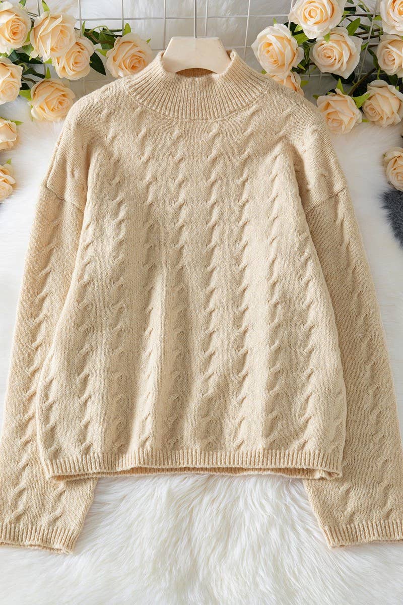 CWOSWL07454_HIGH NECK CASUAL LOOSE CABLE KNIT SWEATER