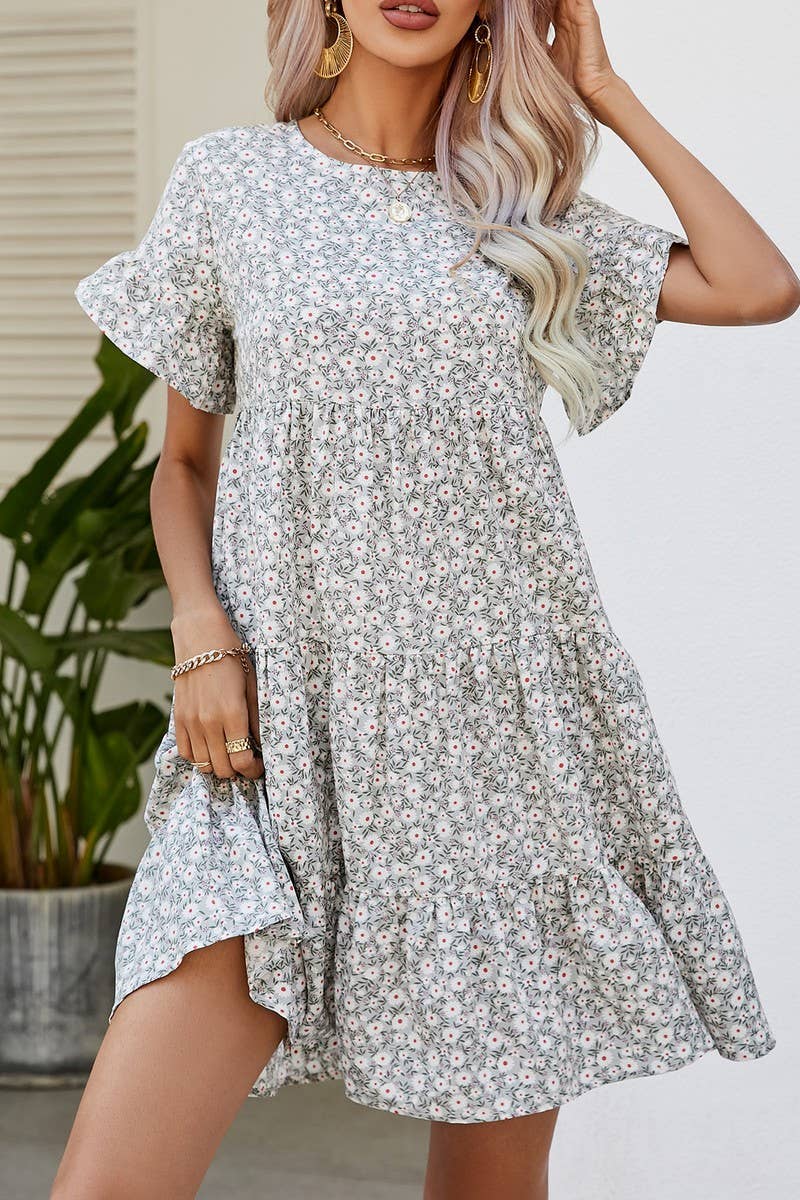 CWDSD2702_Round neck Print Short Sleeve Dress