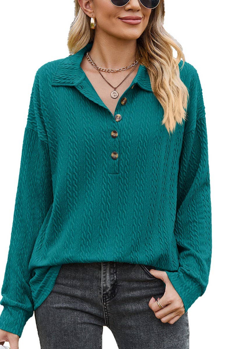 CWTBLL2415_SOLID COLOR LAPEL BUTTON LOOSE LONG SLEEVE TOP