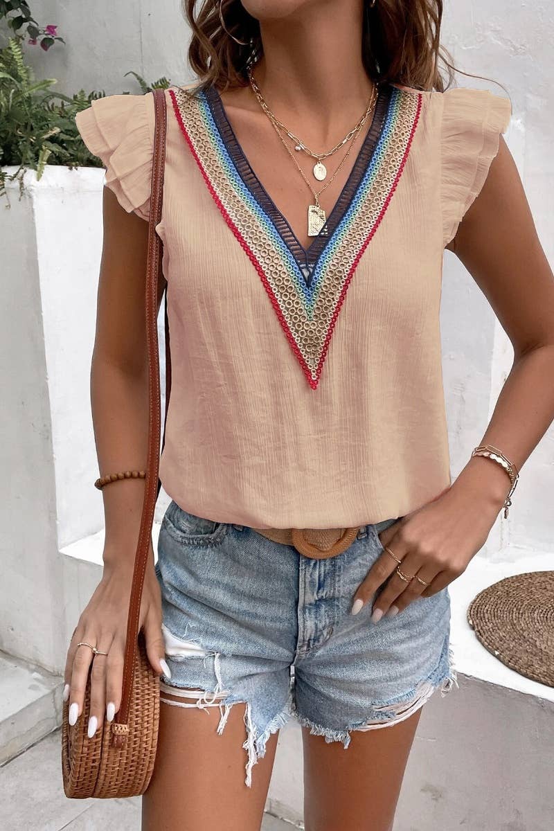 CWTBLSL0245_V-NECK LACE PATCHWORK RUFFLED CASUAL TOP