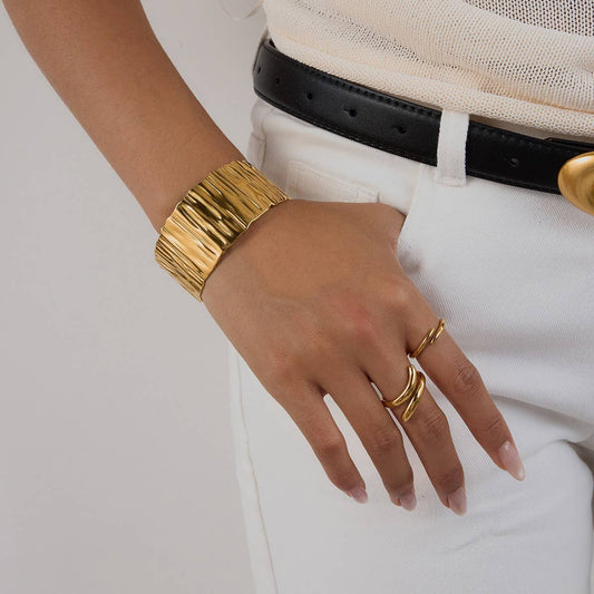 Minimalist Wide Textured Open Bangle, 18K Gold
