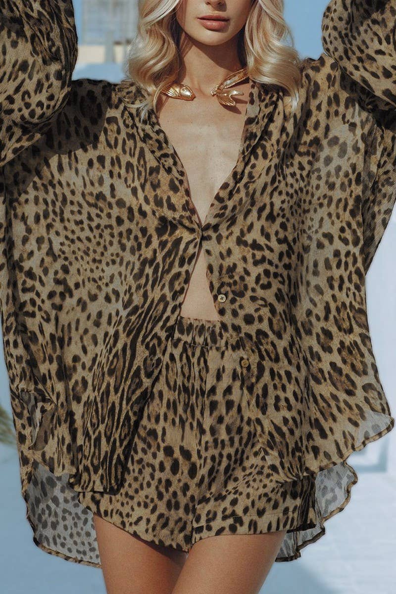 CWSPJ0073_LEOPARD PRINT LONG SLEEVE SHIRT SHORTS PAJAMAS SET