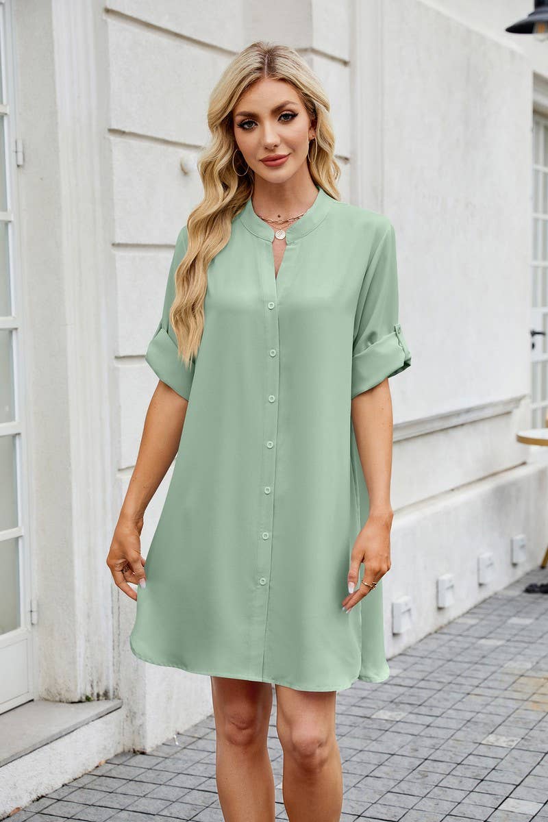 CWTDSS0073_SOLID LOOSE FIT MID SLEEVE BUTTON SHIRT DRESS