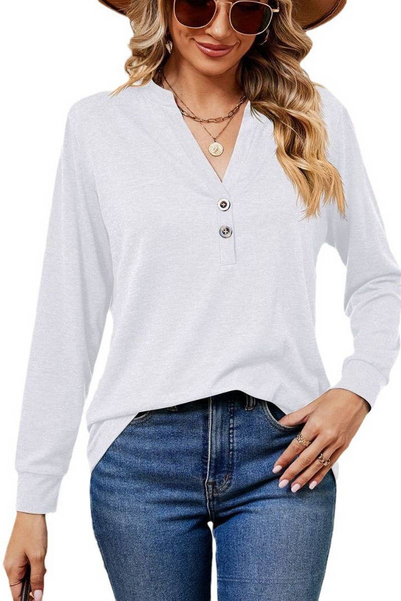 CWTBLL2371_V-NECK BUTTON LONG SLEEVE LOOSE PULLOVER TOP