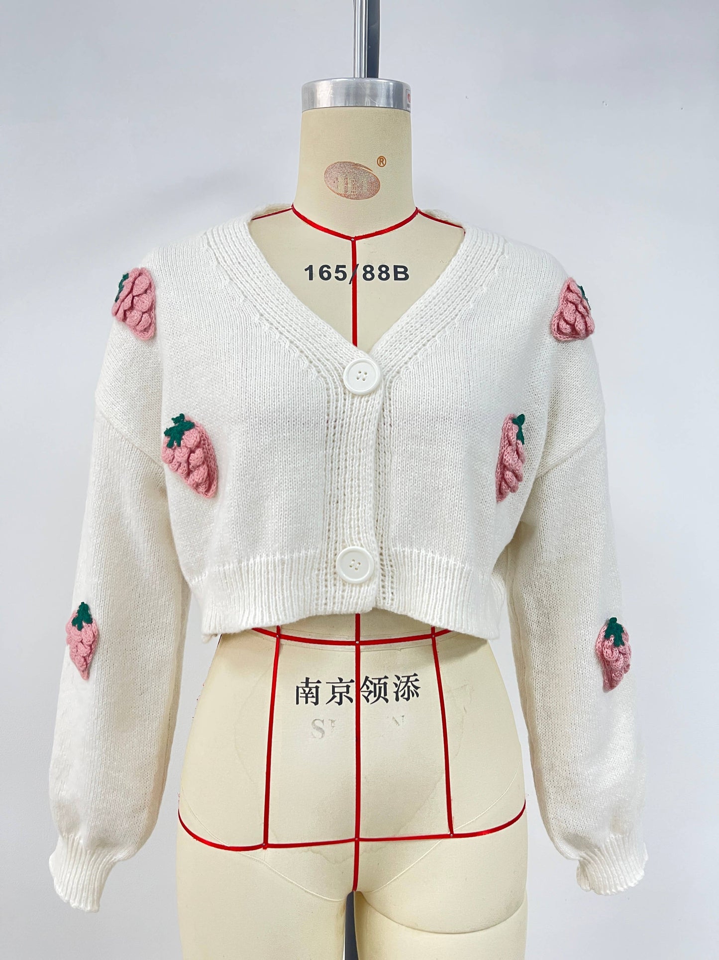 3D strawberry jacquard single-breasted cardigan