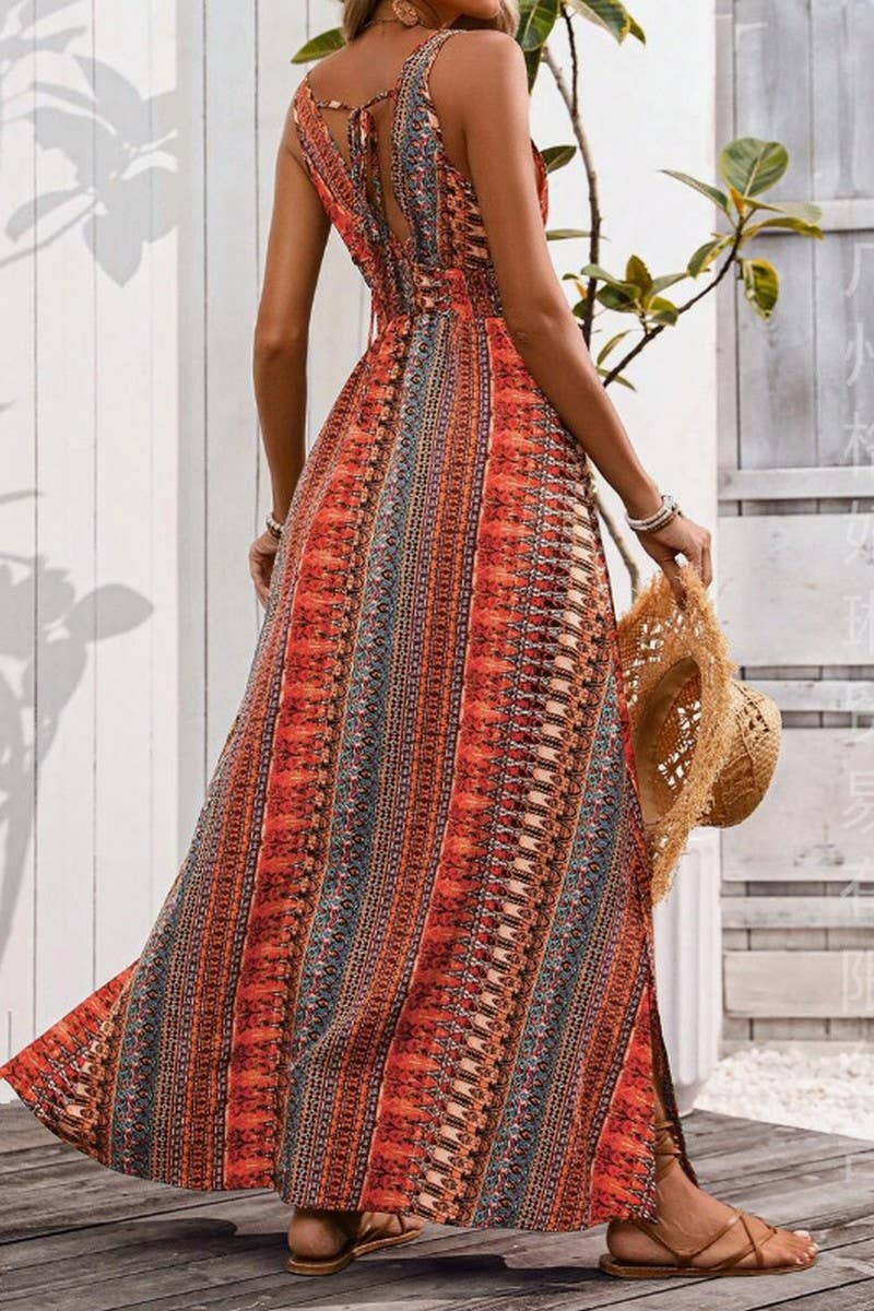 CWDHL0947_SUMMER V-NECK BOHEMIAN LONG DRESS