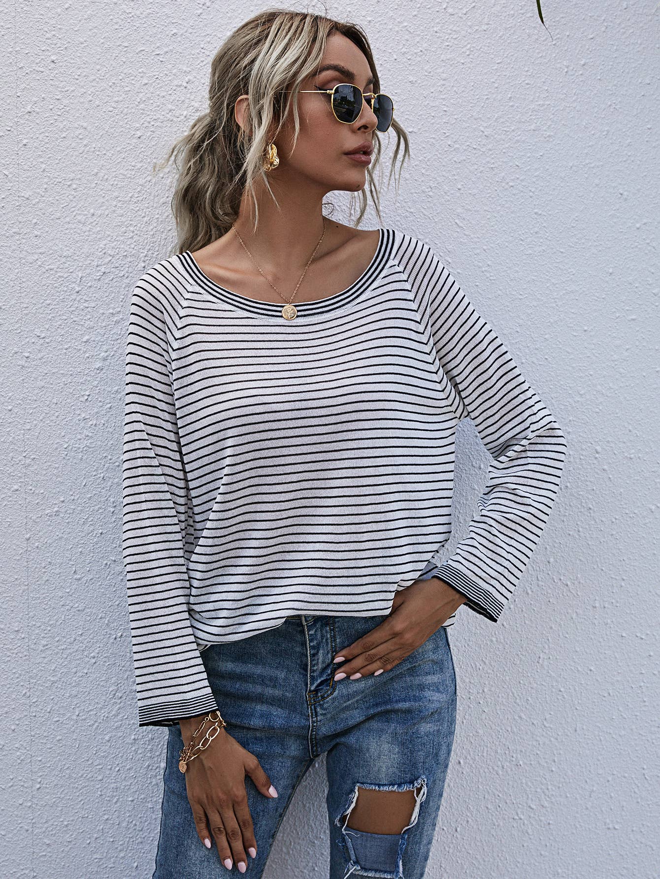 CWOSWL1153_Long Sleeve Round Neck Pullover Striped Sweater