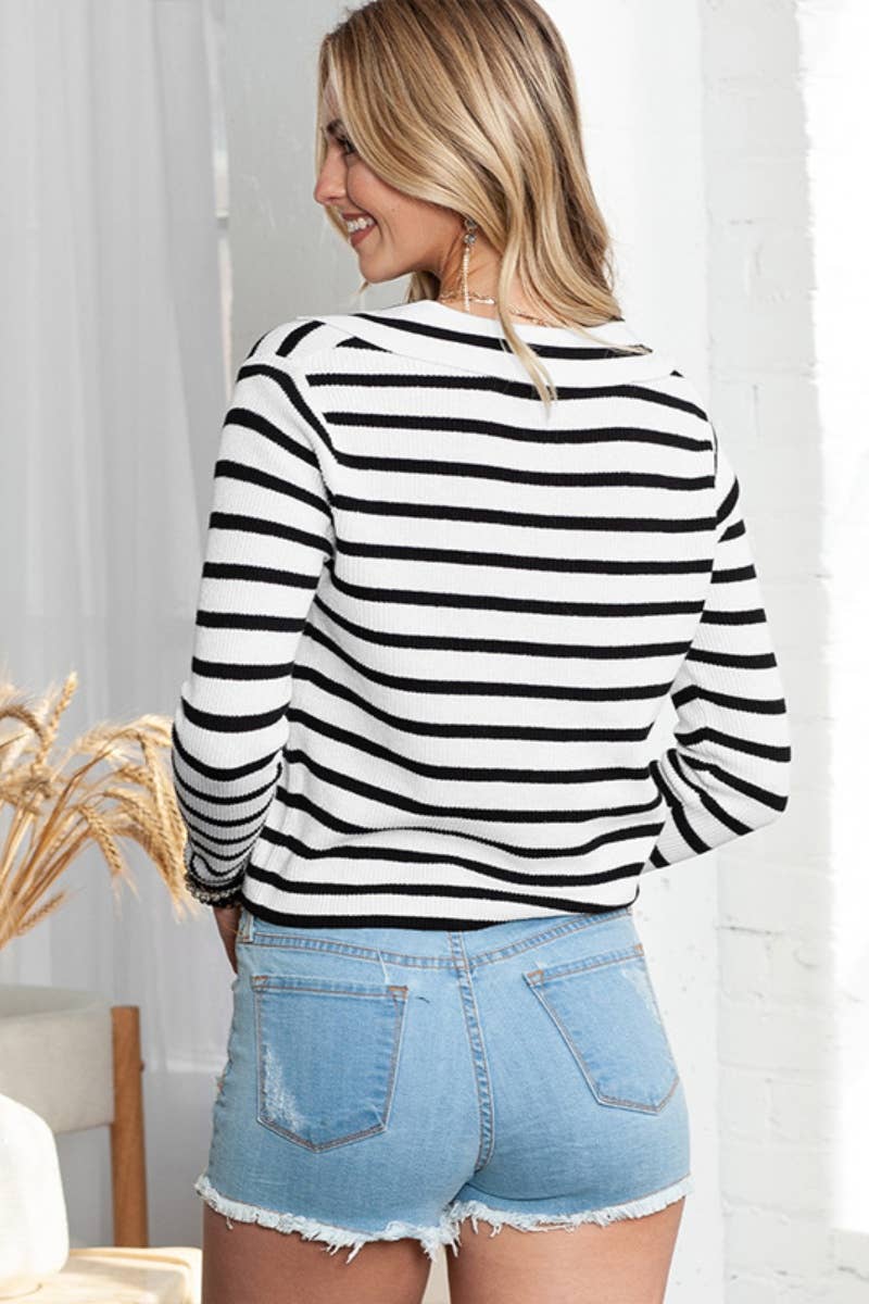 CWOSWL6691_SLIM-FIT V-NECK STRIPED LONG-SLEEVED SWEATER