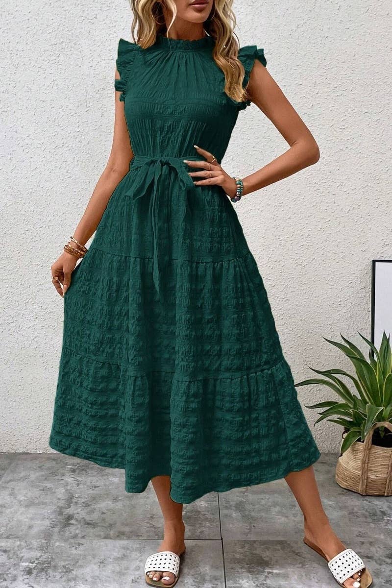 CWDMD2747_SUMMER WOODEN EAR EDGE LACE-UP DRESS LONG