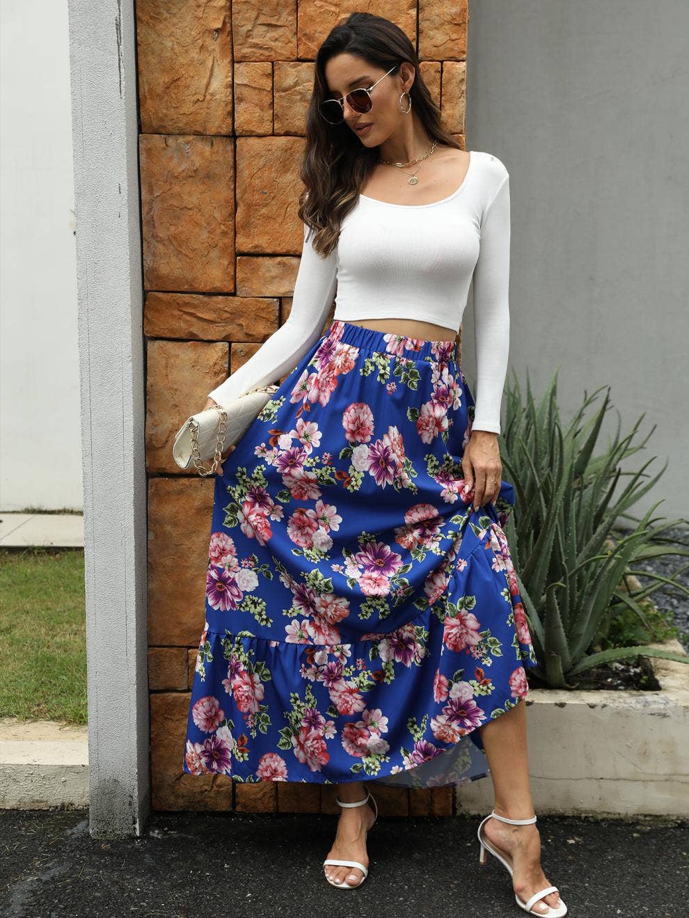 A long skirt with a high waist and ruffled hem