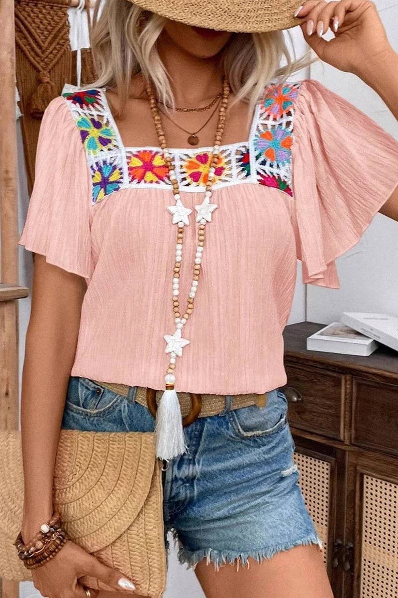 CWTBLS2267_CROCHET EYELET SQUARE NECK LACE TRIM SHIRT