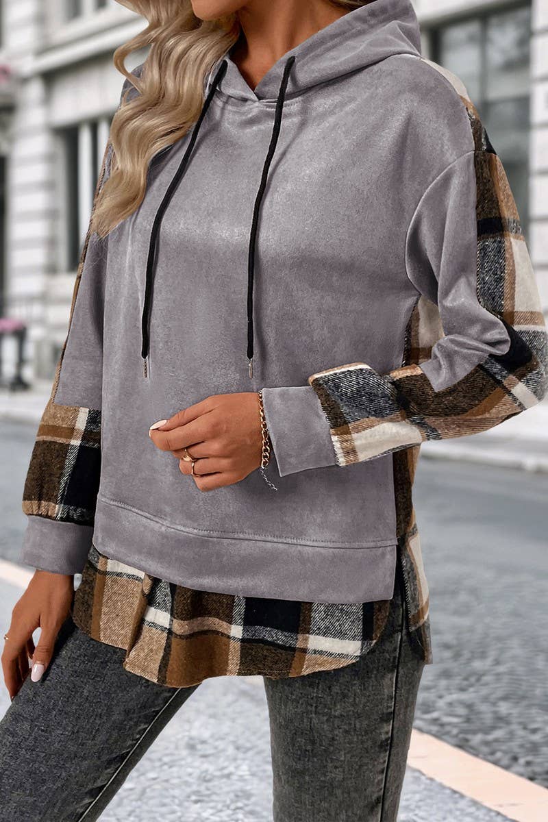 CWOHOL00587_PLAID PATCHWORK BRITISH STYLE HOODED SWEATSHIRT