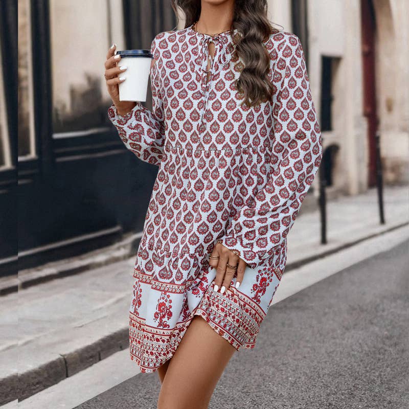 Bohemian-style loose lace-up prints dress
