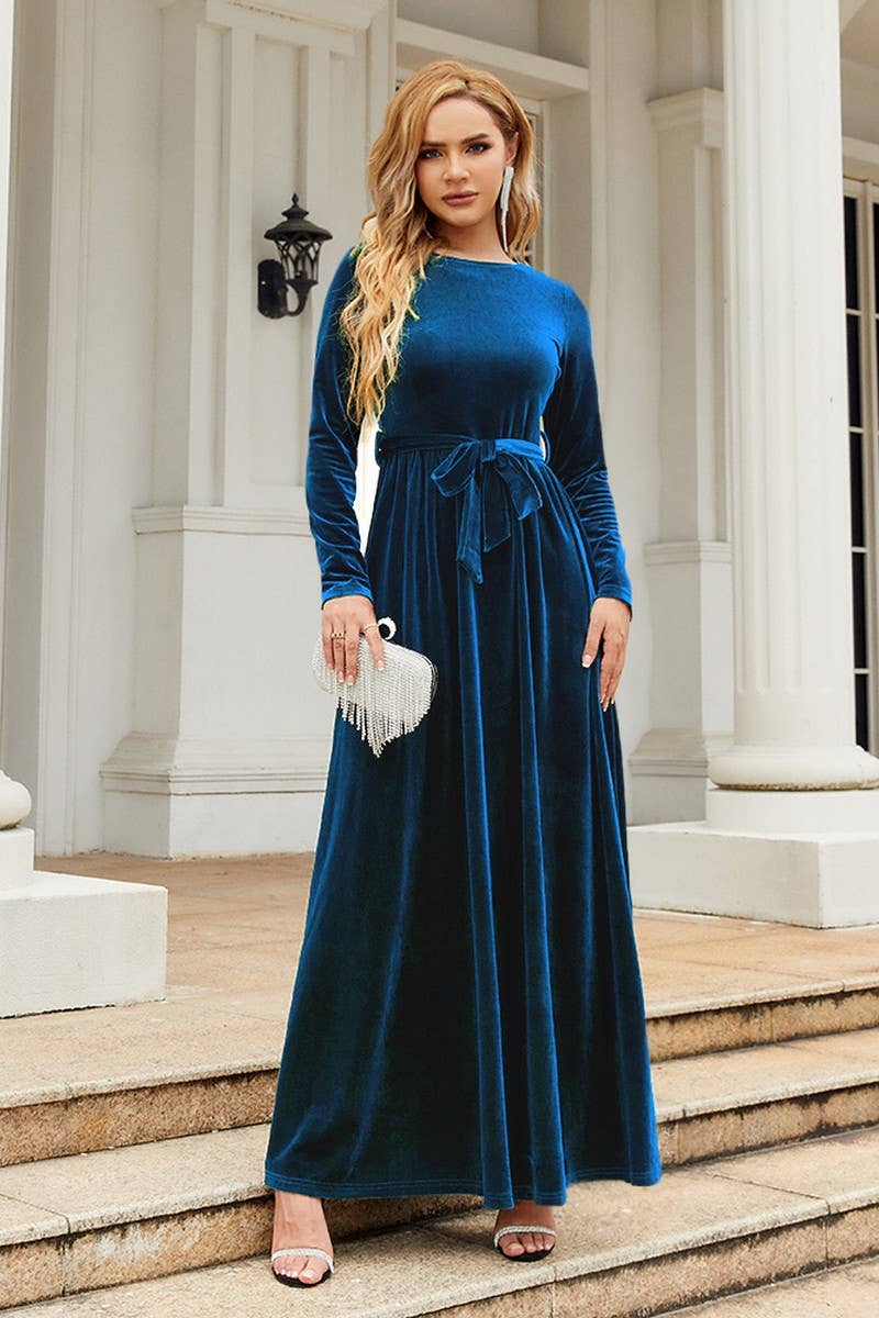 CWDMD3493_GOLD VELVET SOLID COLOR LACE-UP MAXI DRESS