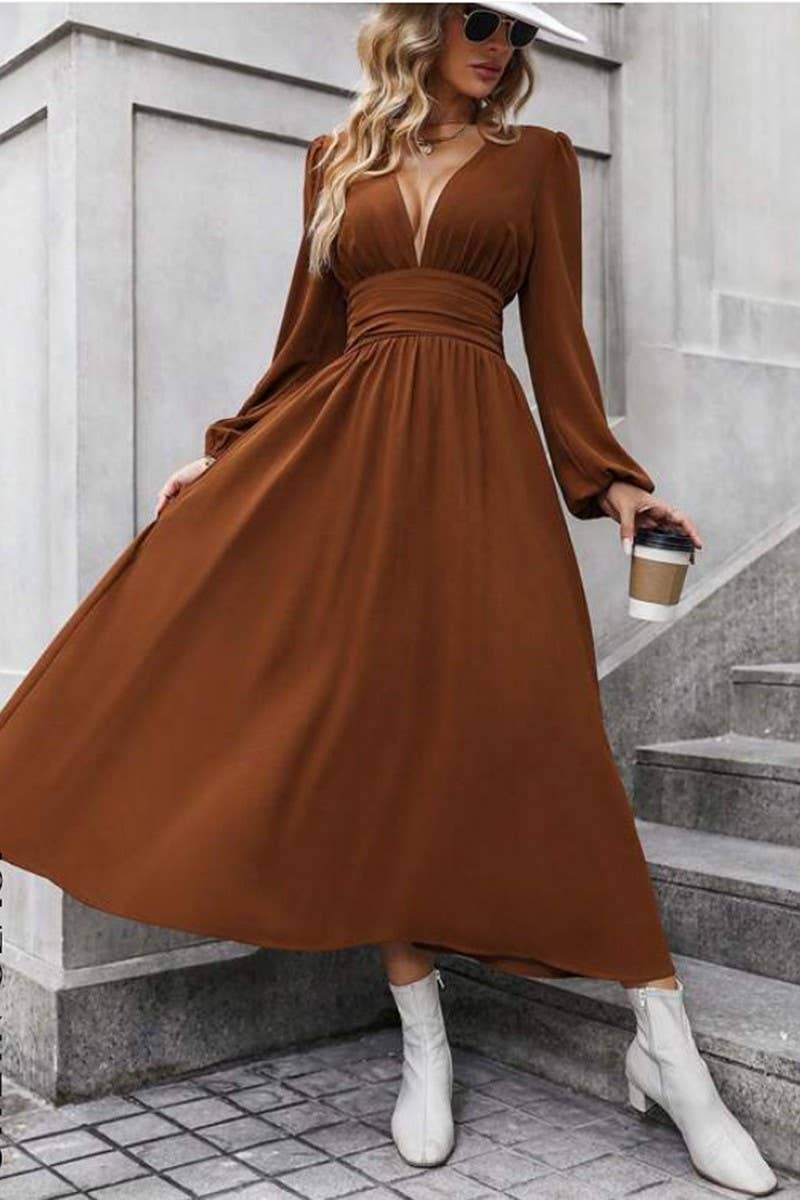 ELEGANT V-NECK PUFFED SLEEVE WAIST SLIT DRESS
