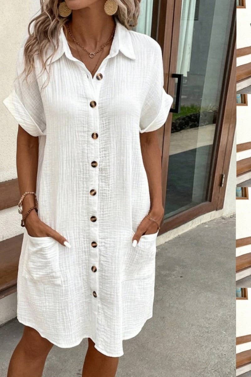 CWDSD10629_WOMEN'S SIMPLE V-NECK BUTTON SHIRT DRESS