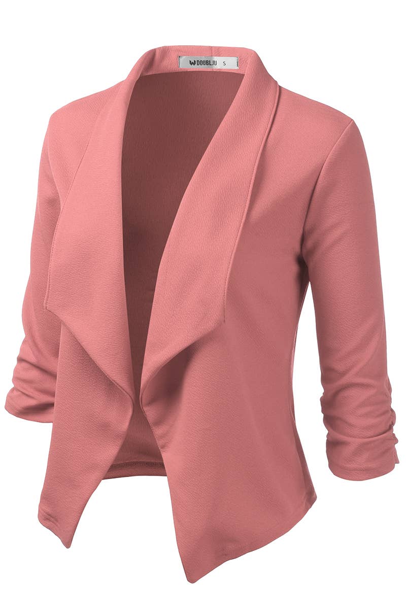 CWOBL091_Casual Work Ruched 3/4 Slv Open Front Blazer Jacket