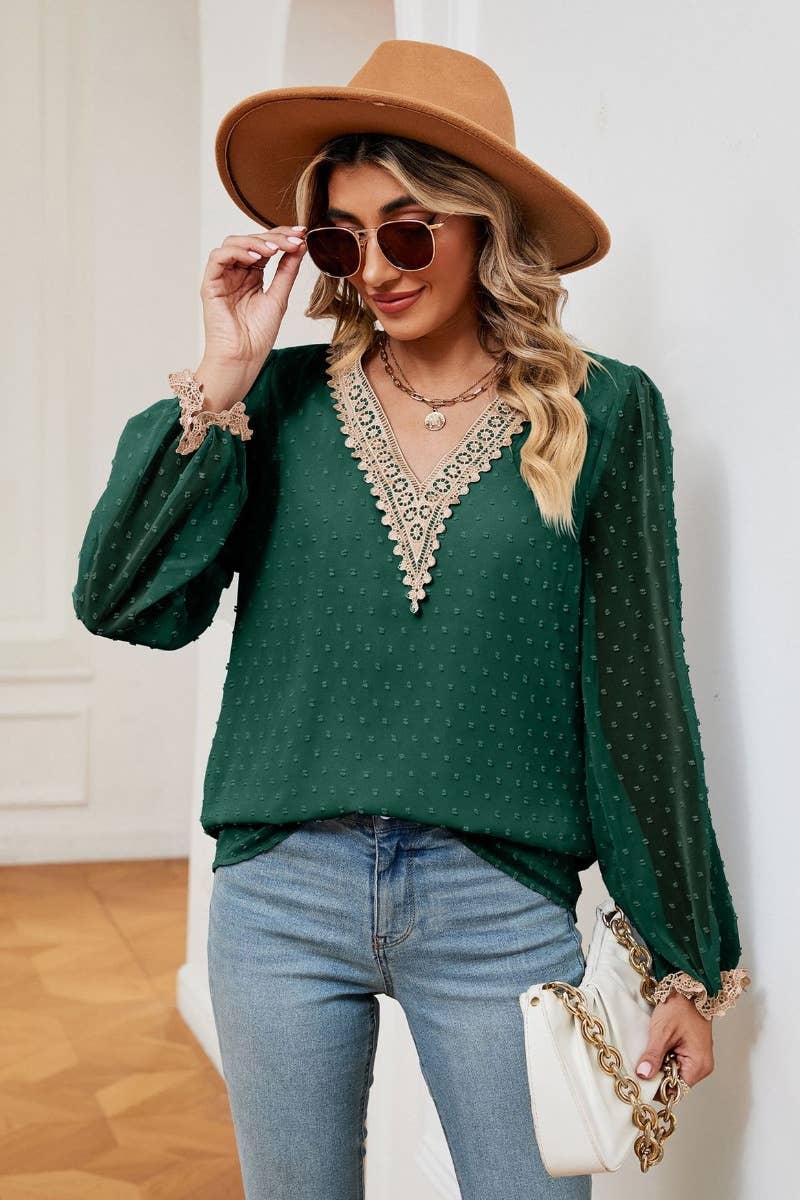 CWTBLL2831_FALL V-NECK LACE PATCHWORK LONG-SLEEVED TOP