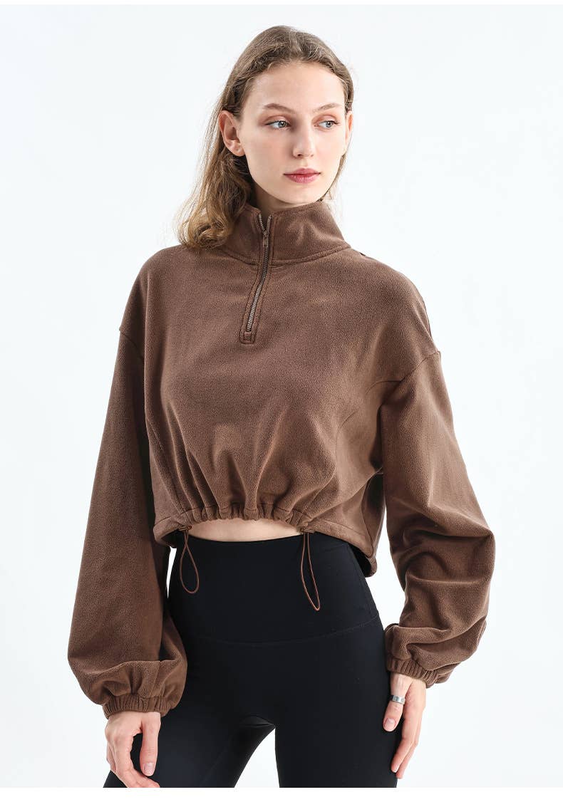 Adjustable hem semi-zipper fleece hoodie