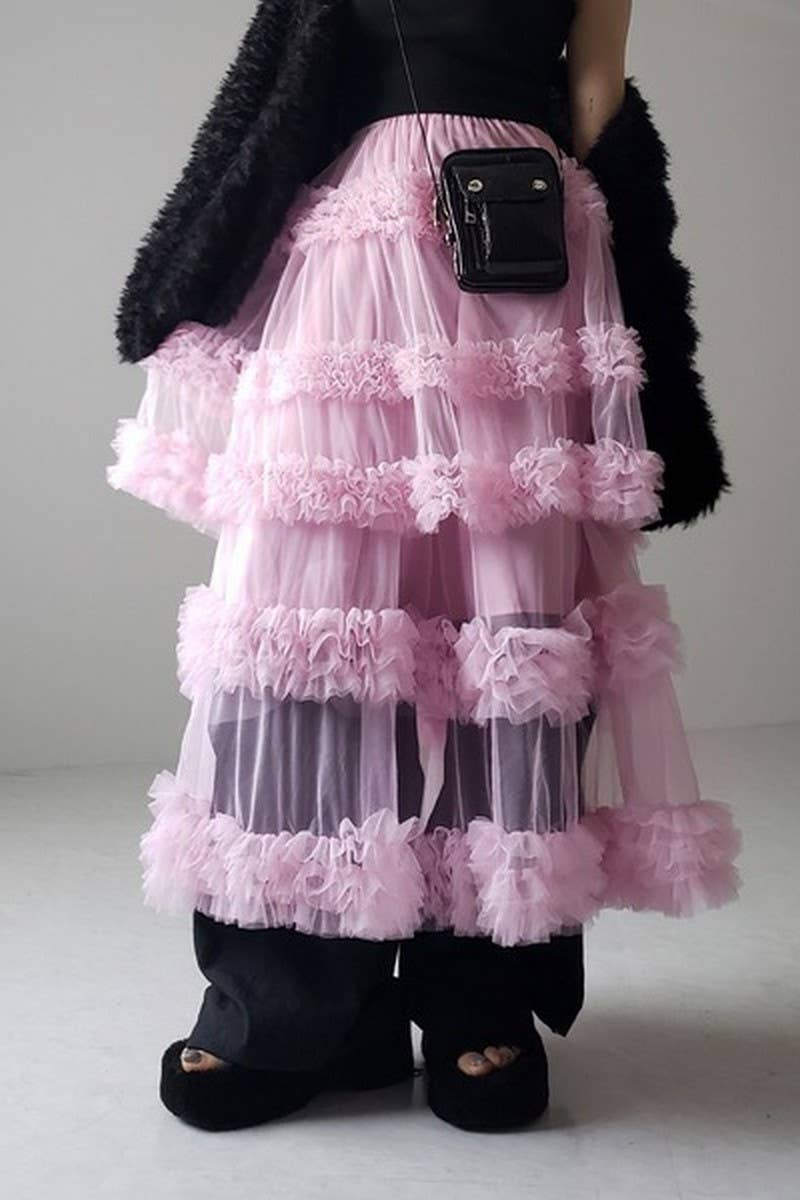 CWBLS00713_SPRING SUMMER LAYERED MESH A-LINE SKIRT