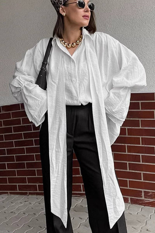 CWTBLL3356_LOOSE WHITE RIBBON TRUMPET SLEEVE SHIRT TOP