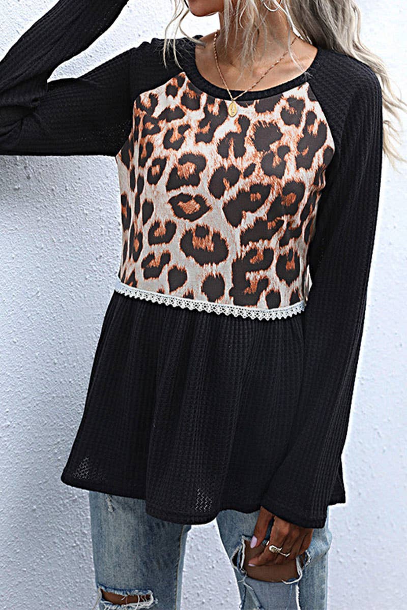 Casual leopard print patchwork T-shirt