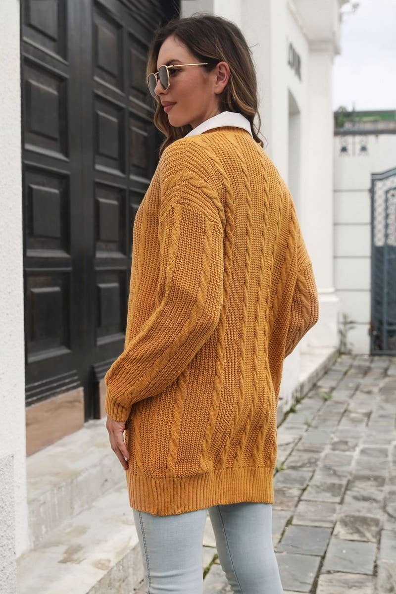 CWOCAL1257_SOLID COLOR CABLE KNITTED MID-LENGTH CARDIGAN