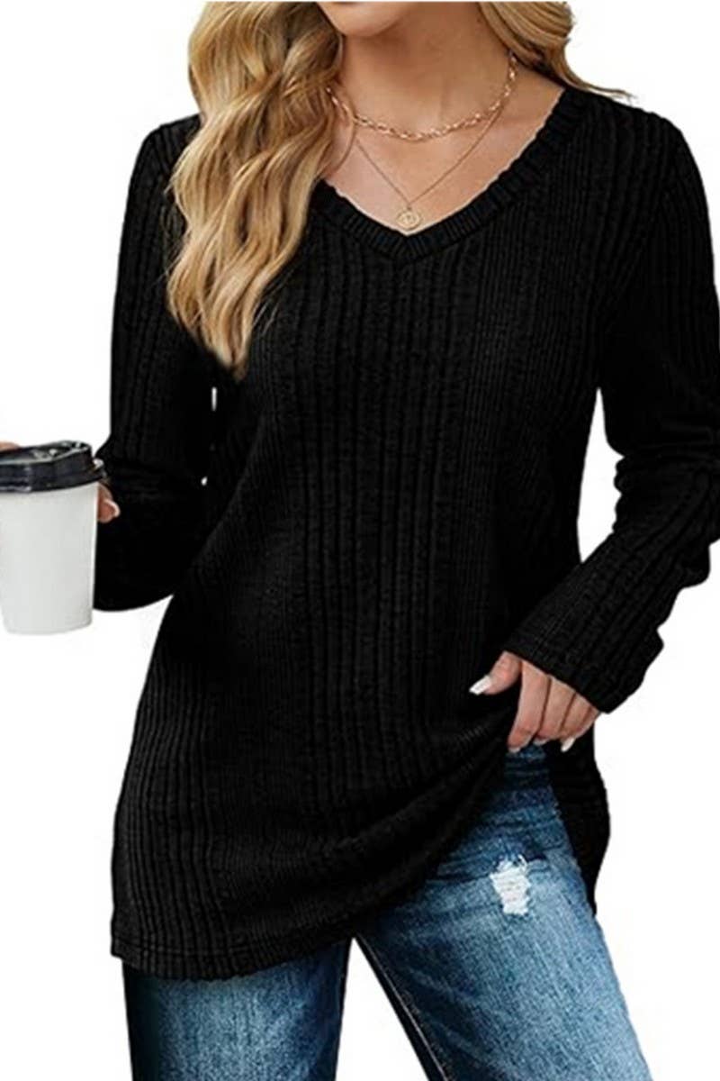 CWOSWL6559_V-NECK SOLID COLOR LONG-SLEEVED KNITTED SWEATER