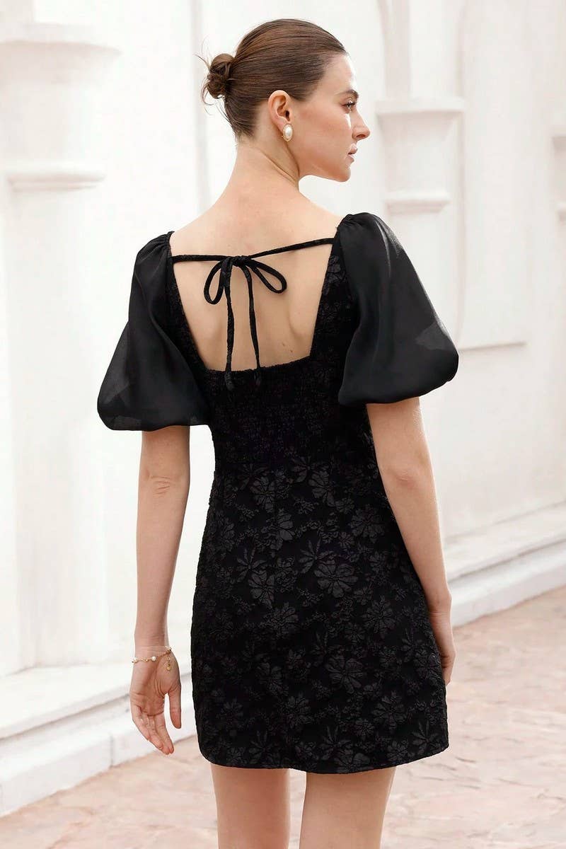 CWDSD8259_BLACK JACQUARD V-NECK PUFF SLEEVE DRESS