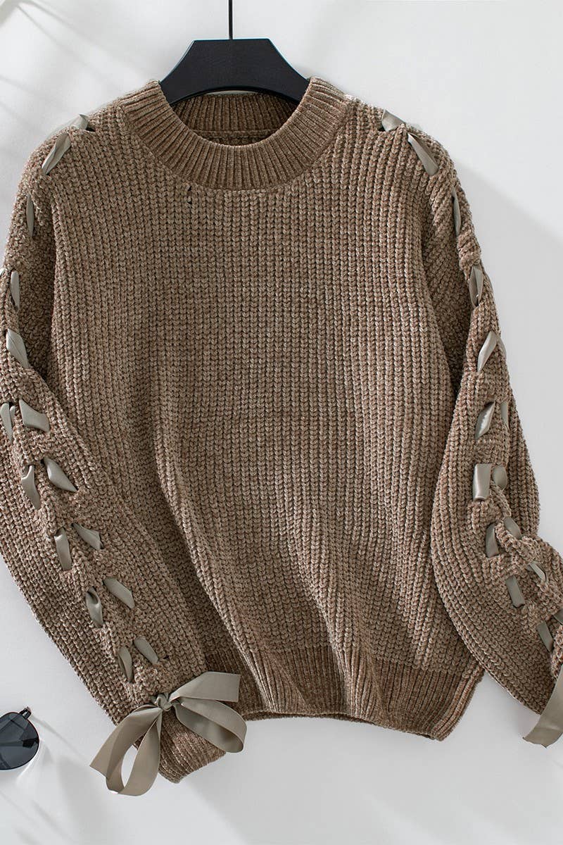 CWOSWL2908_SOLID COLOR BOW PULLOVER KNITTED SWEATER