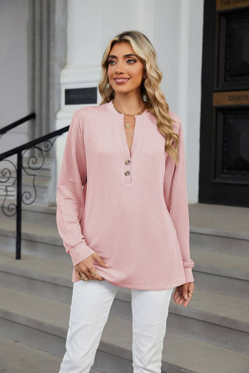 CWTBLL3675_V-NECK BUTTON-DOWN STRIPED WAVY CASUAL TOP