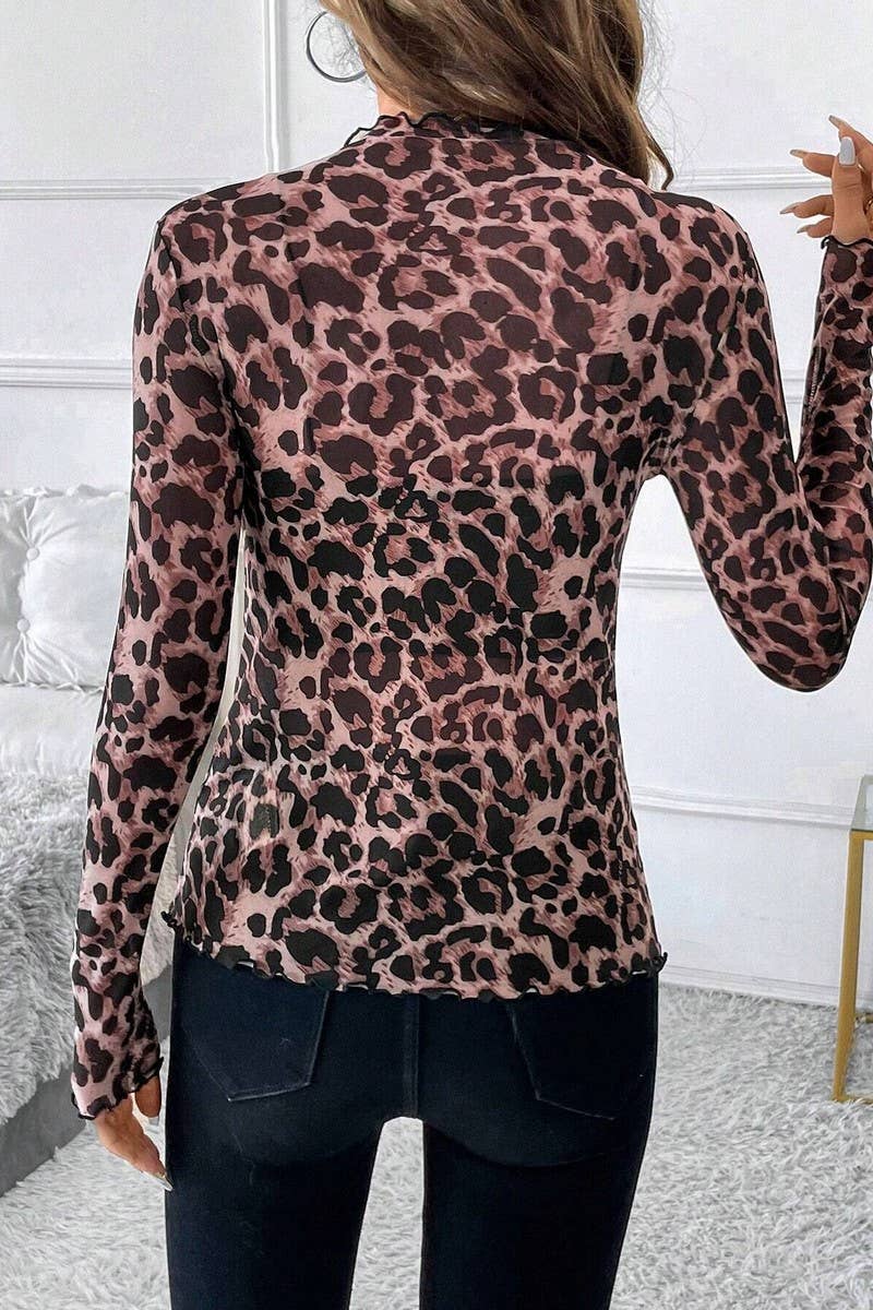 CWTBLL3467_LEOPARD PRINT MESH RUFFLED SLIM FIT TOP