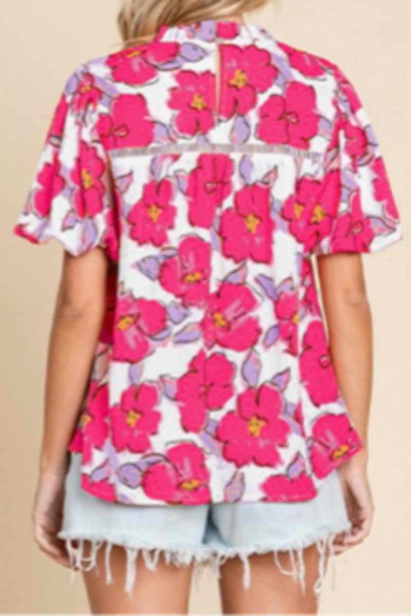 CWTBLS1376_ROUND NECK FLORAL PRINT SHORT-SLEEVED CASUAL TOP