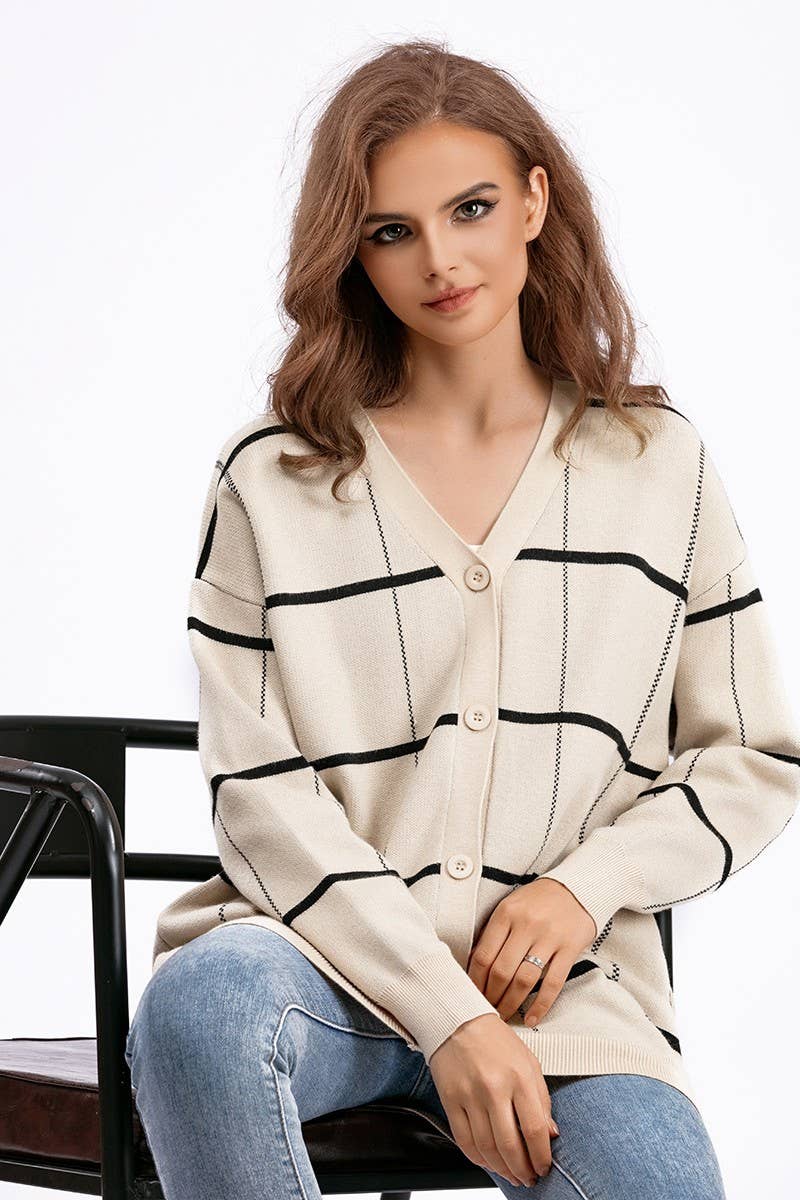 CWOCAL00671_STRIPED PLAID LOOSE KNIT CARDIGAN SWEATER
