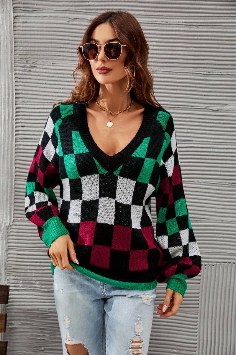 CWOSWL3174_V-NECK PLAID CONTRAST KNITTED PULLOVER SWEATER
