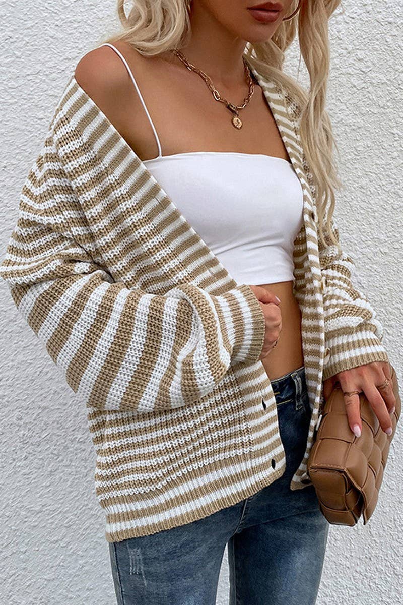 CWOCAL0871_STRIPED V-NECK LANTERN SLEEVE KNITTED CARDIGAN