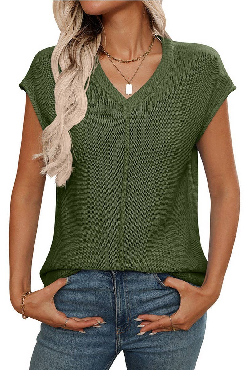 CWTTS1368_SUMMER NEW WOMEN'S V-NECK KNITTED TOPS