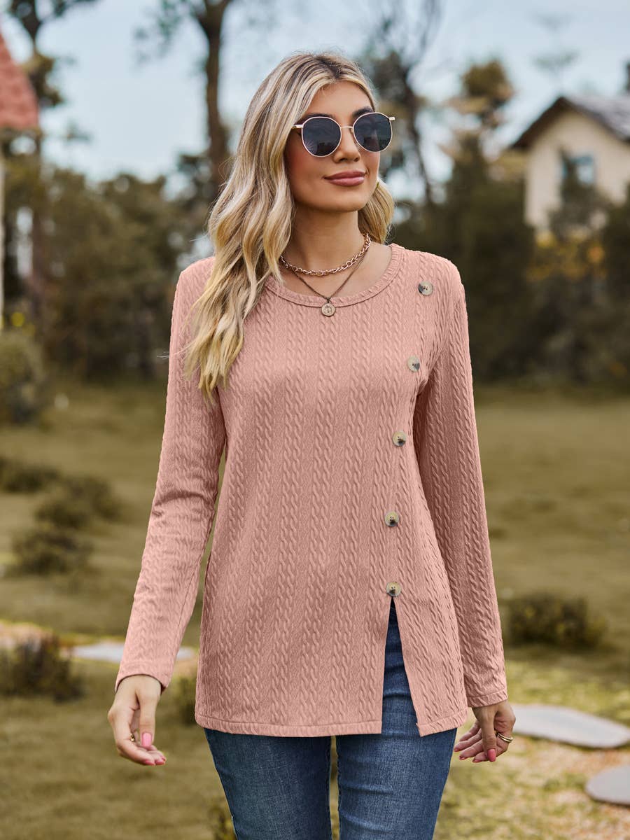 CREW-NECK BUTTONS DECORATED OPEN-SPLIT T-SHIRTS