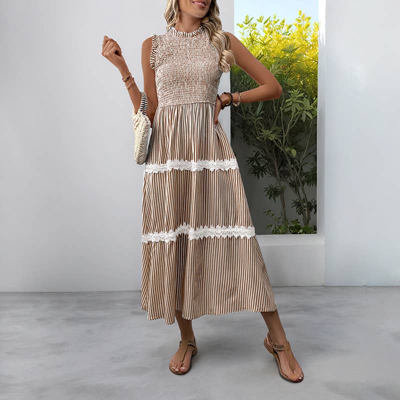 Ear-trimmed round-neck sleeveless striped dress