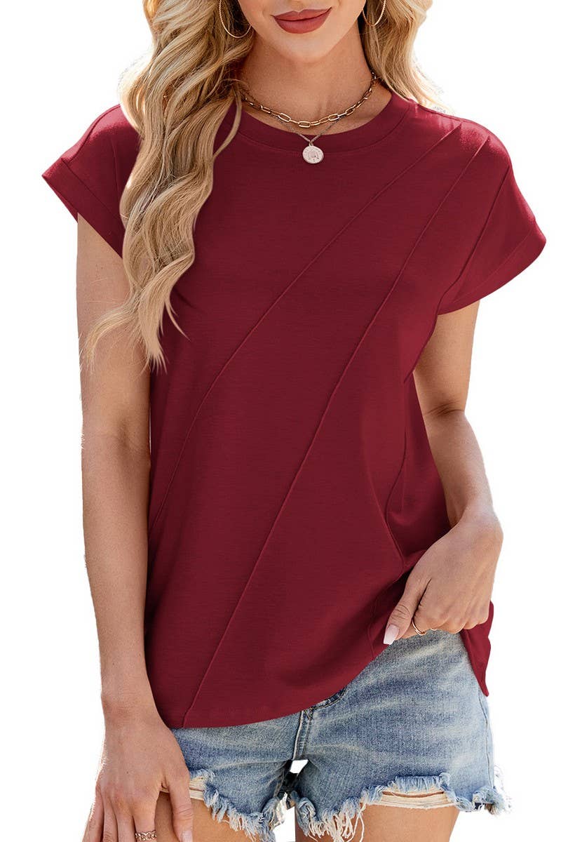 CWTBLS1731_SOLID COLOR ROUND NECK SHORT SLEEVE T-SHIRT TOP