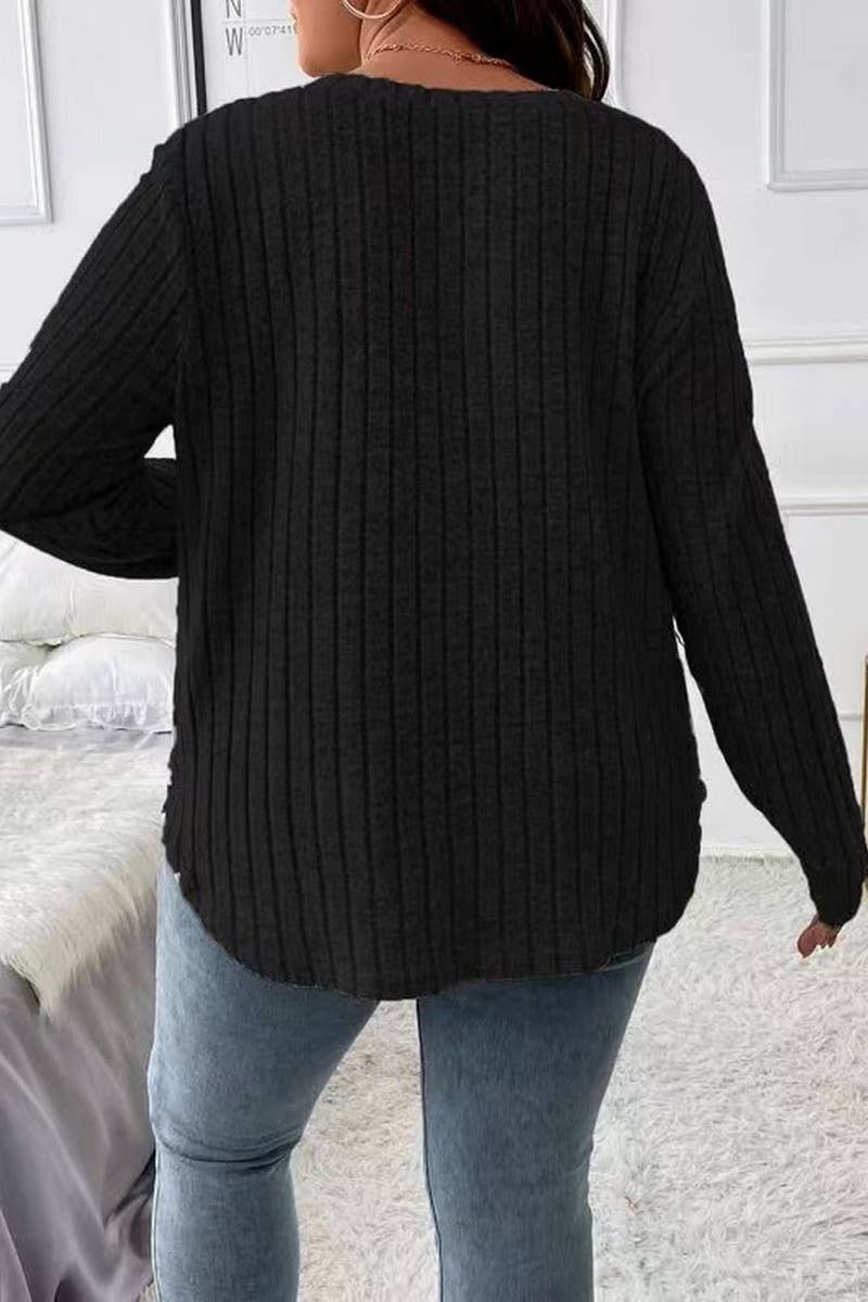 CWTTL1961_SPRING AND AUTUMN V-NECK LARGE SIZE RIBBED TOP