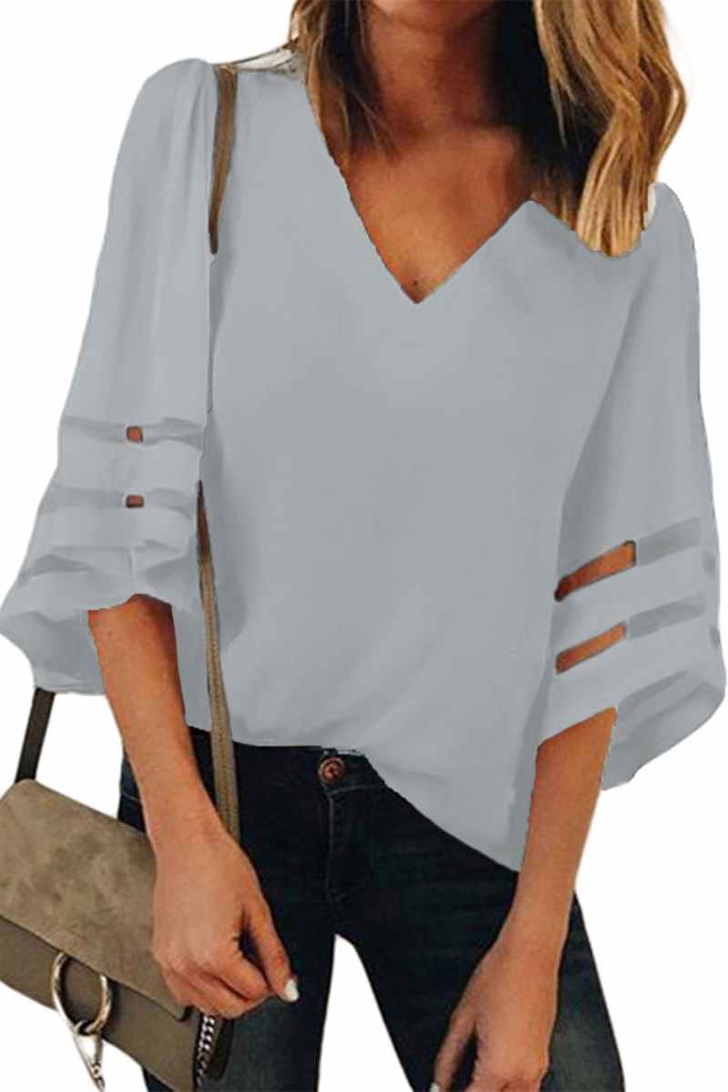 CWTBLS1323_MESH SEE-THROUGH SEVEN-QUARTER SLEEVE TOP
